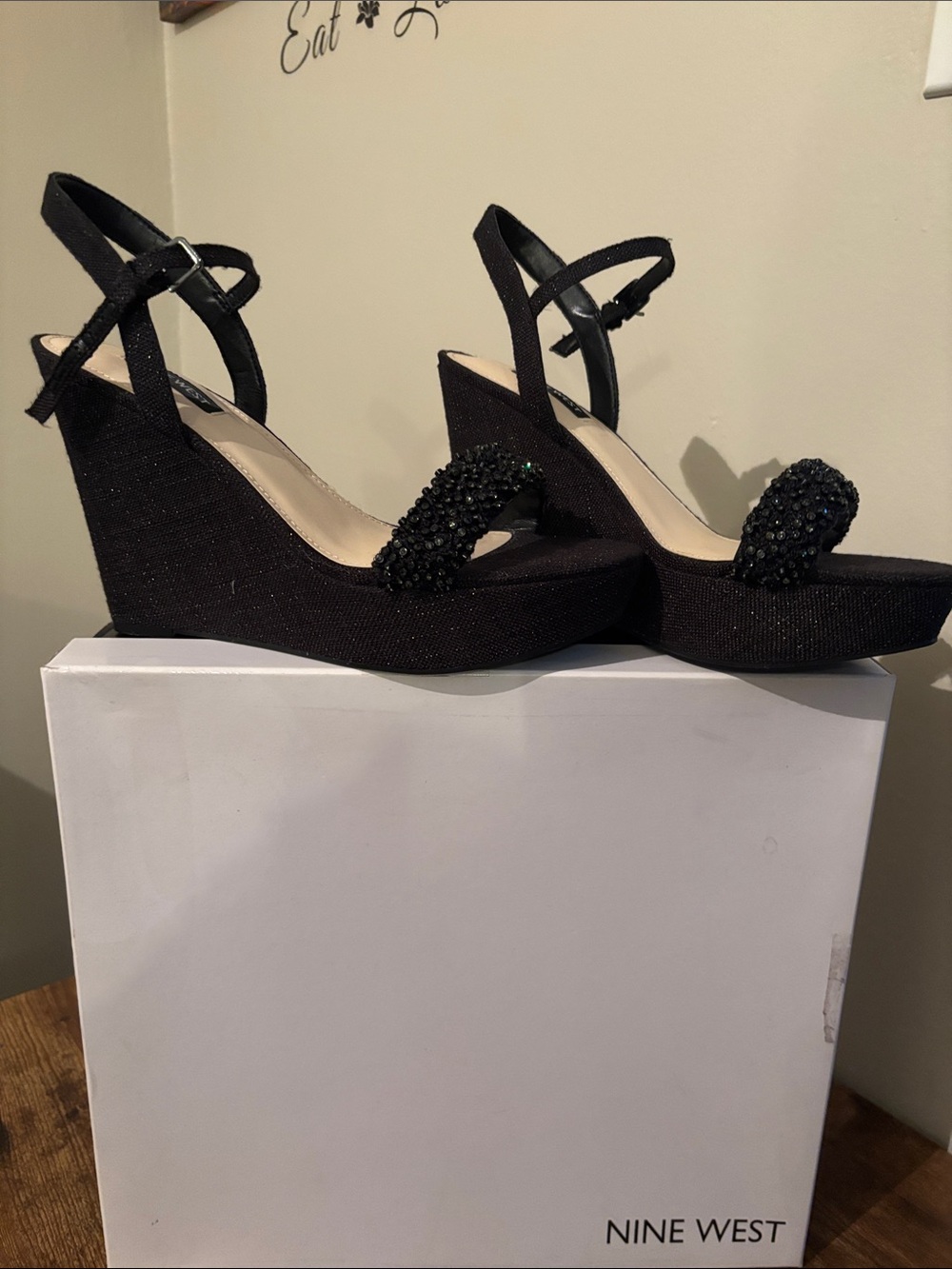 Nine West Black Beaded Platform Wedge Sandals